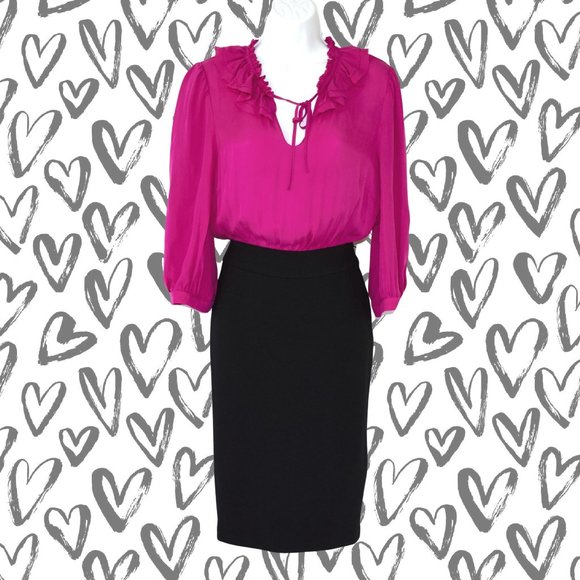 PARKER Pink Black Silk Ruffle Pencil Skirt Dress - Picture 1 of 7